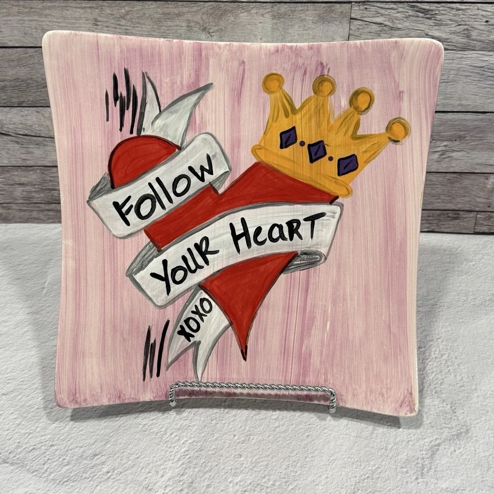 Hand Painted Heart Plate Follow‎ Your Heart XOXO Pink Square Art Wall Decor